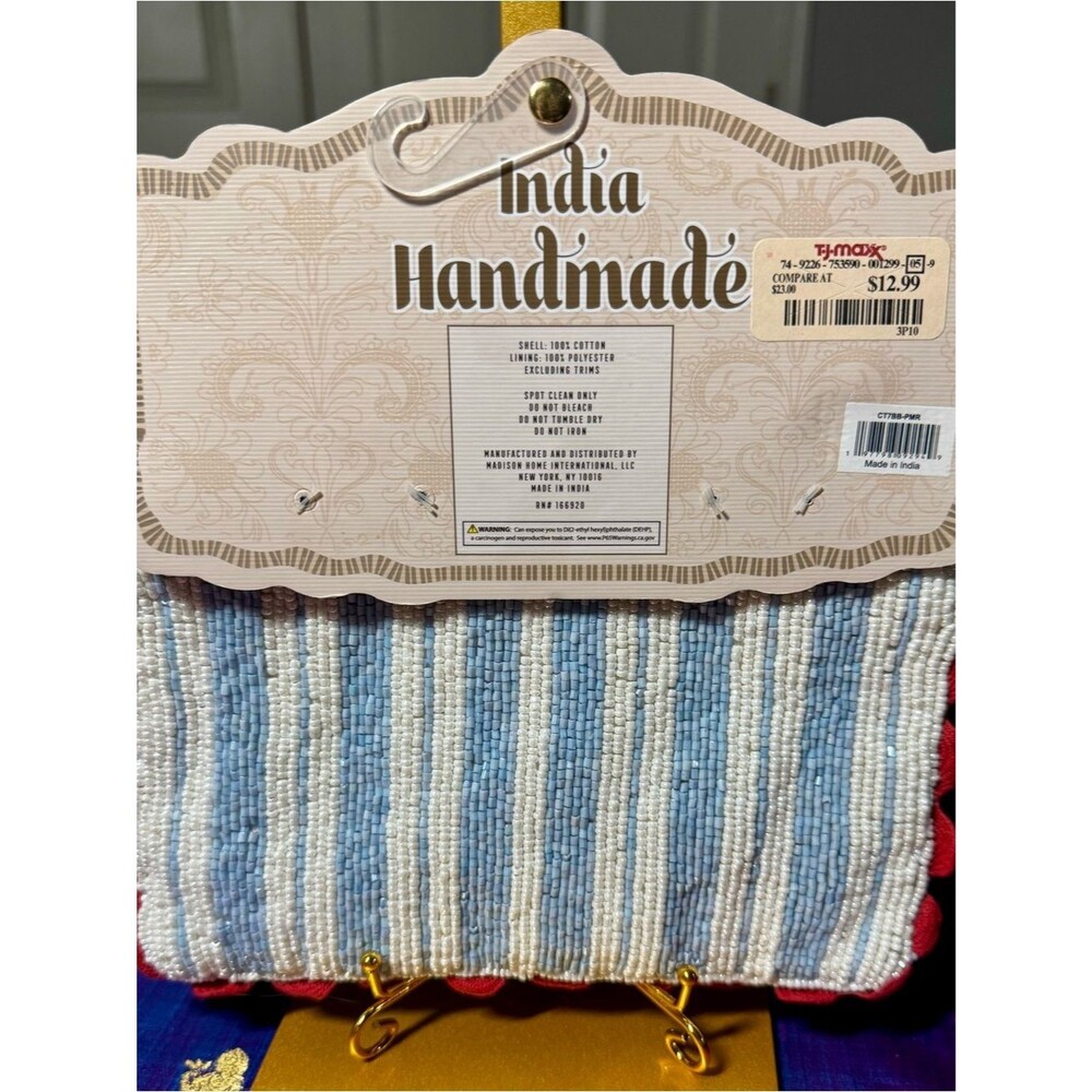 NWT India Handmade Blue White Striped Beaded Zipper Pouch Clutch - Picture 2 of 3